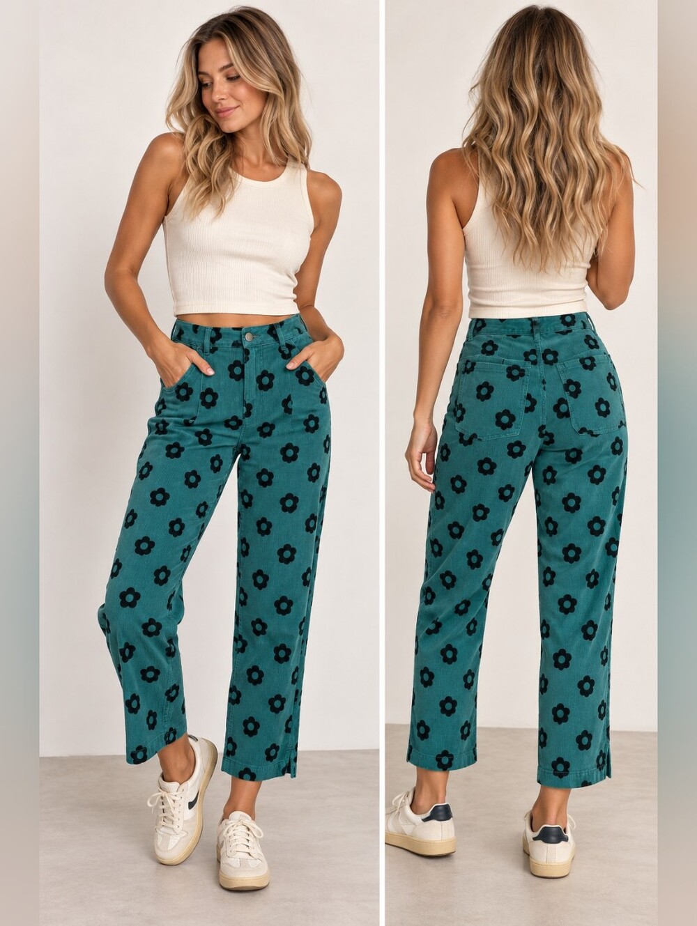 Afends Daisy Corduroy Pants Teal Black Floral High Rise Crop US 4